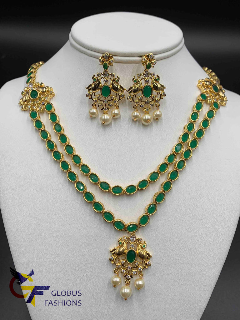 Double line semi-precious Emerald stones simple necklace set