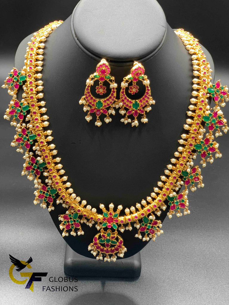 Multicolor stones with pearls gutta pusalu long necklace set