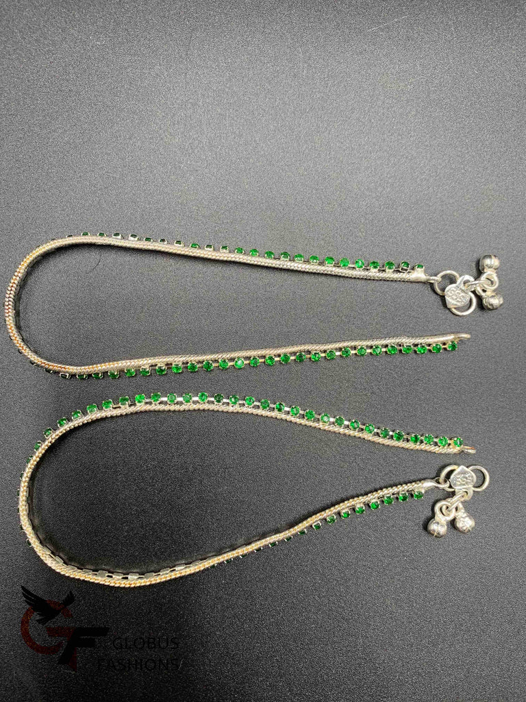 Green color Stones silver anklets