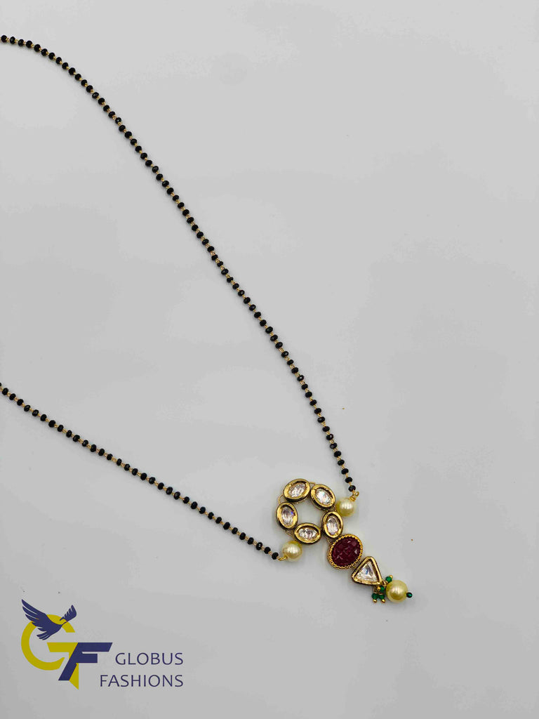 Real Kundan stones pendant with a single line black diamond beads chain