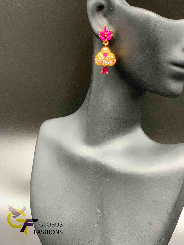 Leaf design cz stones and ruby stones jumka earrings