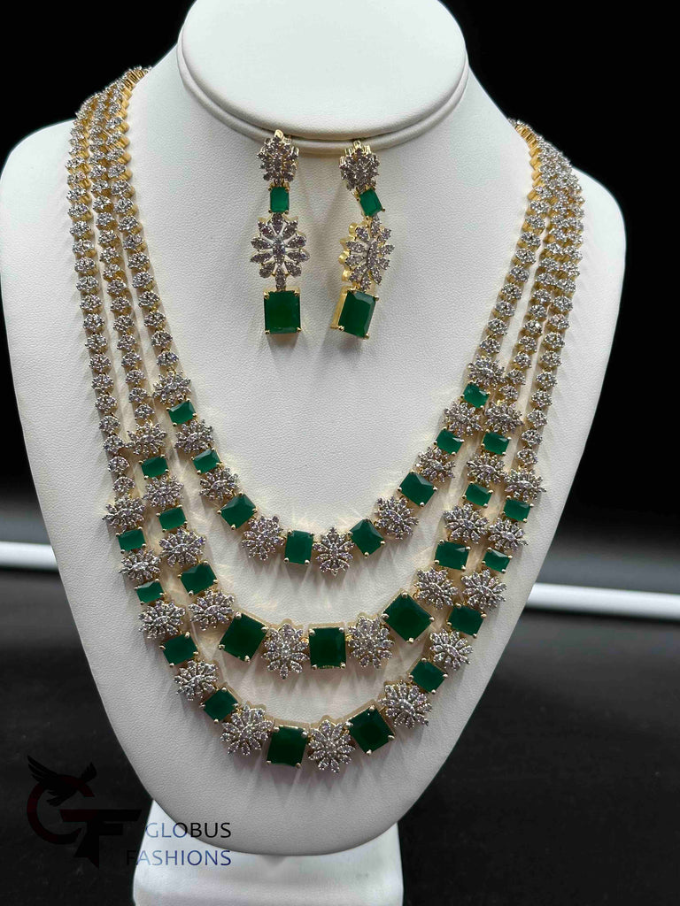 Emeralds and CZ stones three line necklace set
