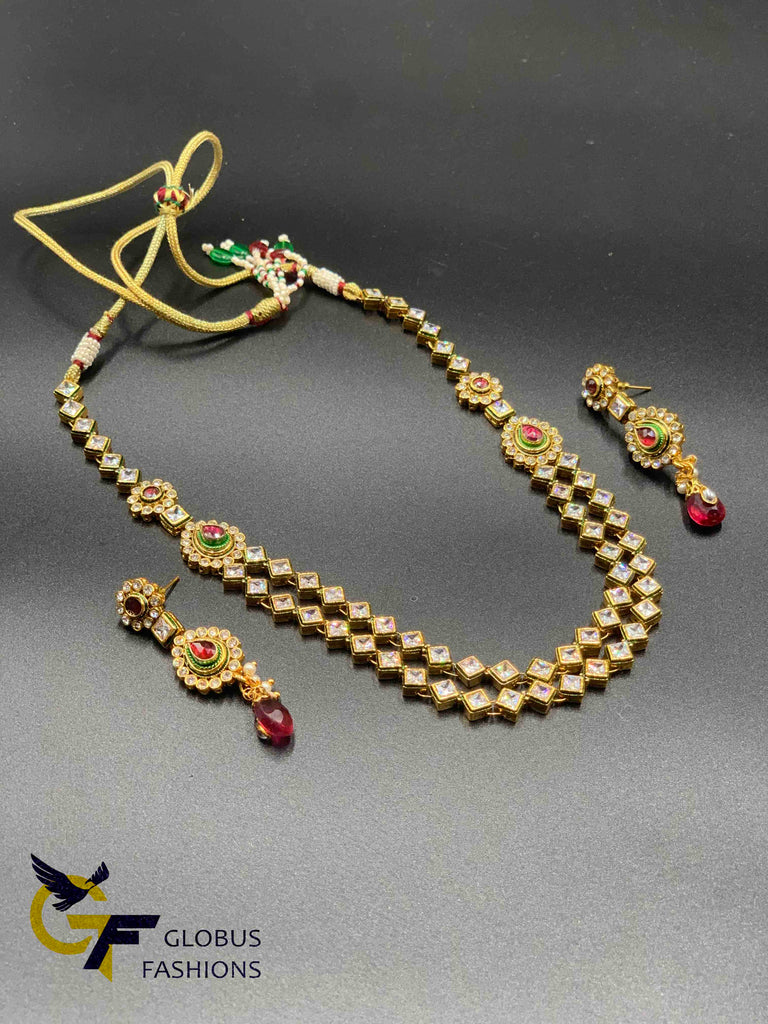 Beautiful and traditional polki stones double step necklace set