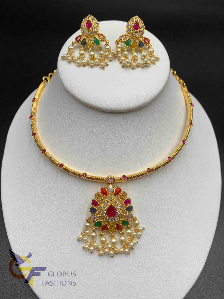Unique style Kante with navarathna Stones pendant and matching earrings