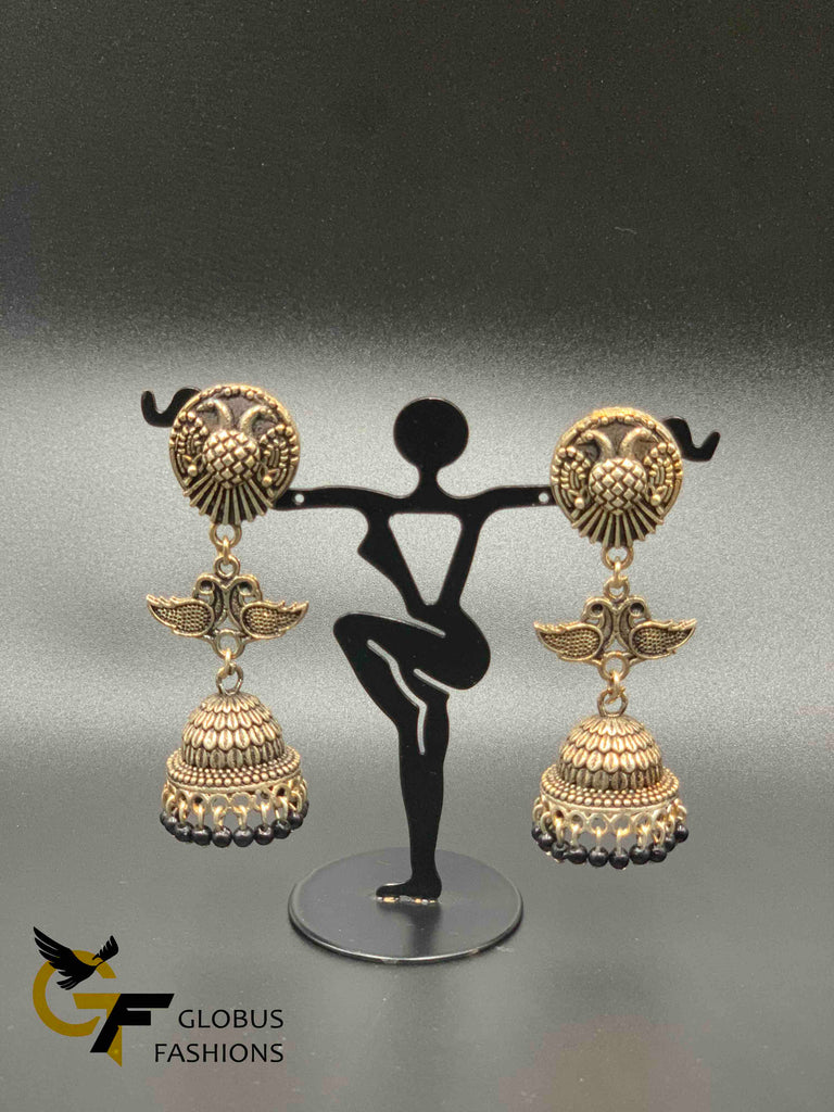 Swand and peacock design silver long jumka earrings