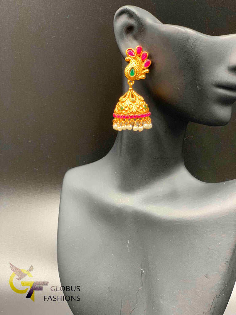 Traditional antique look multicolor stones with pearls jumka earrings