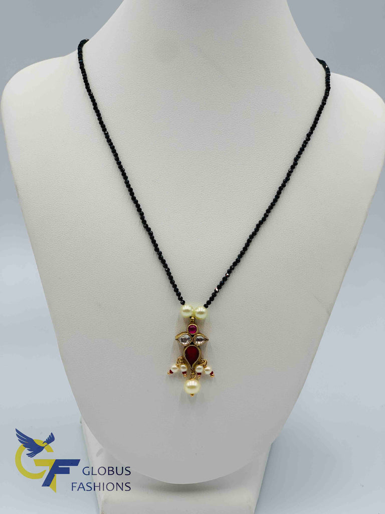 Black diamond beads chain with traditional ruby stones and kundan stones