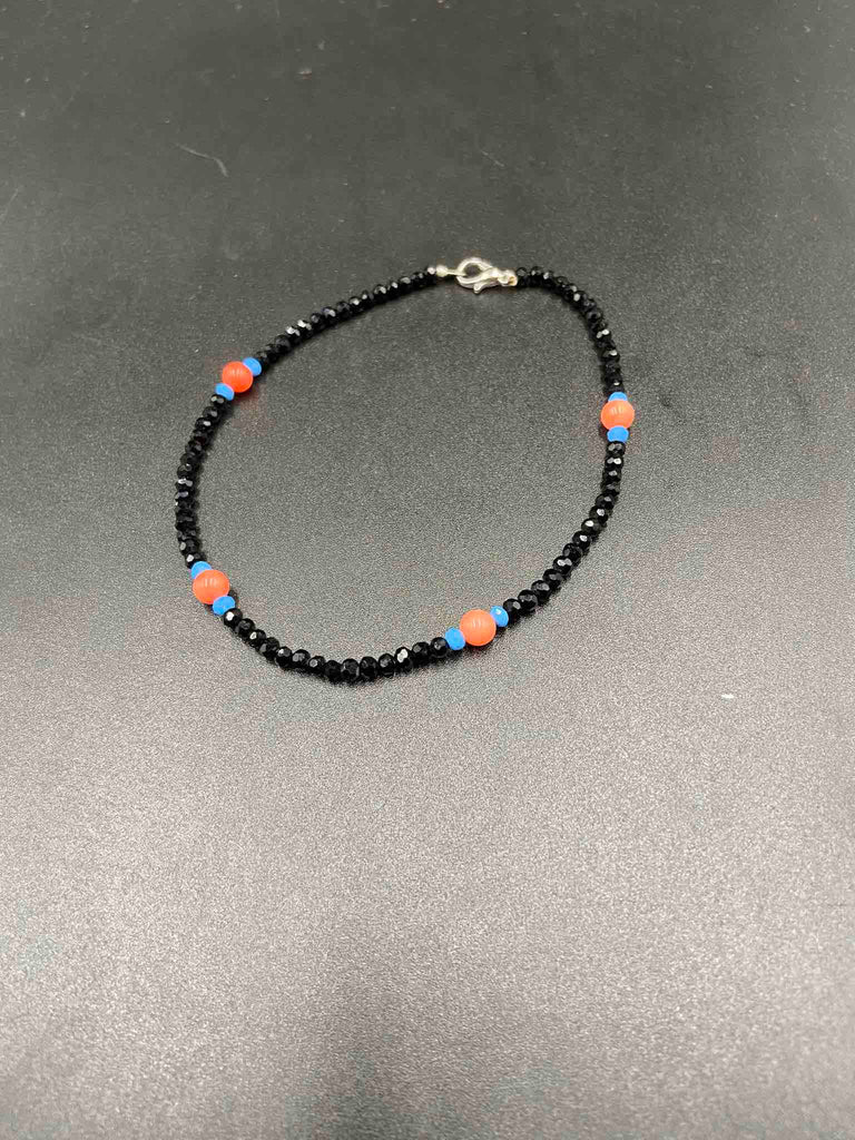 Black and blue crystal beads with pink coral beads single anklet