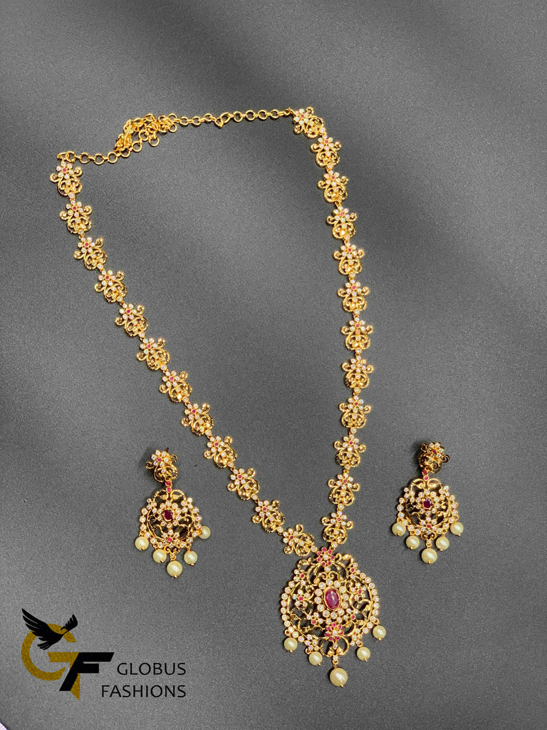 Uncut cz stones with ruby stones long necklace set