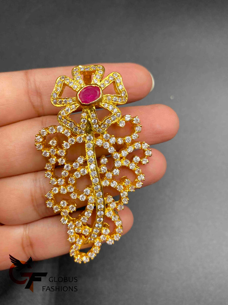 Cz stones and ruby stones flower with leaf design pendant set