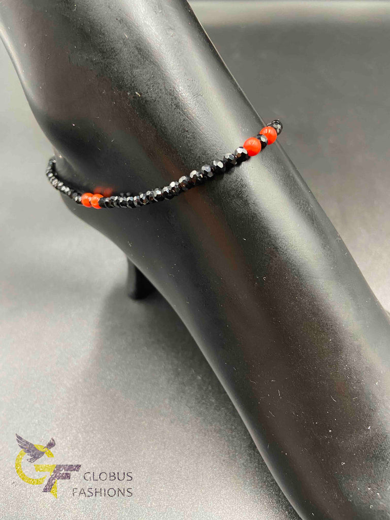 Black crystal beads with red beads single anklet