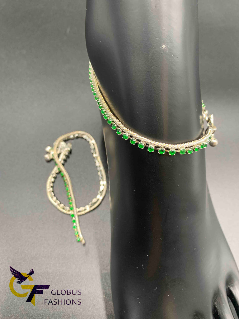 Green color Stones silver anklets
