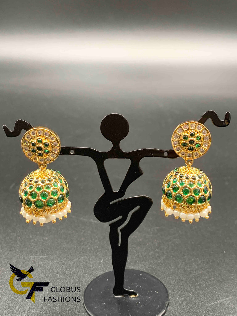 Traditional look emerald Stones and Pearls Jumka Earrings