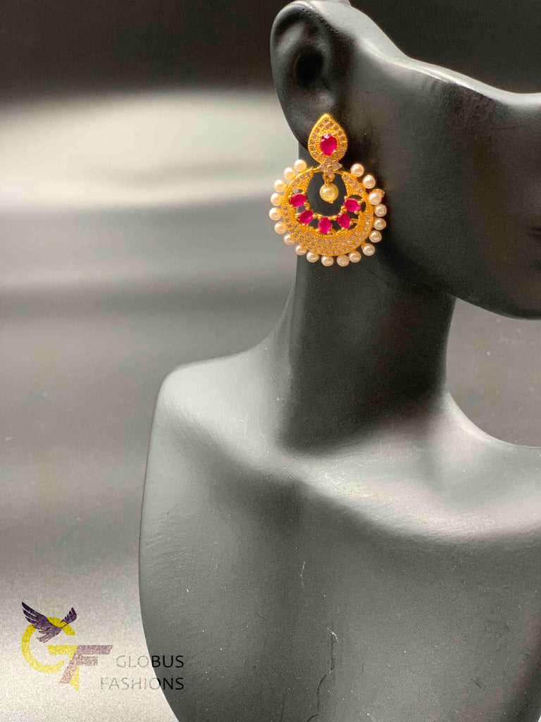 Small cz stones and ruby stones with pearls chandbali earrings