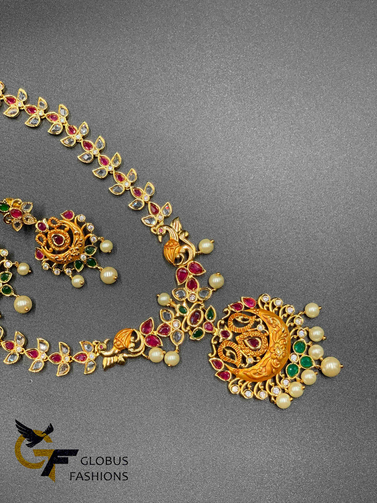 Elegant design multi-color stones and uncut CZ stones with pearls necklace set