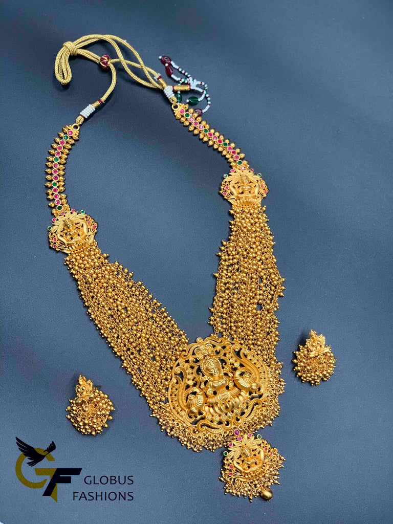 Full antique gold big size Lakshmi print pendant with gold beads chains with matching jumka earrings