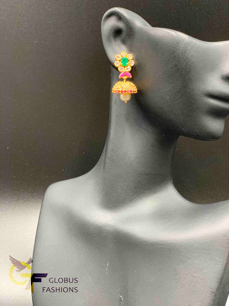 Cute multicolor stones with pearls small jumka earrings