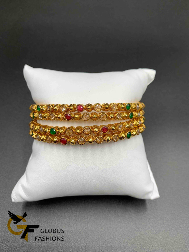 Traditional antique look multicolor Stones with Polki Stones set of 4 bangles