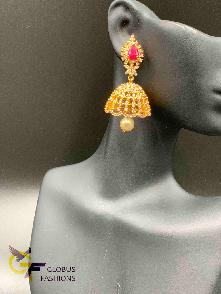 Cz stones and ruby stones with pearls jumka earrings