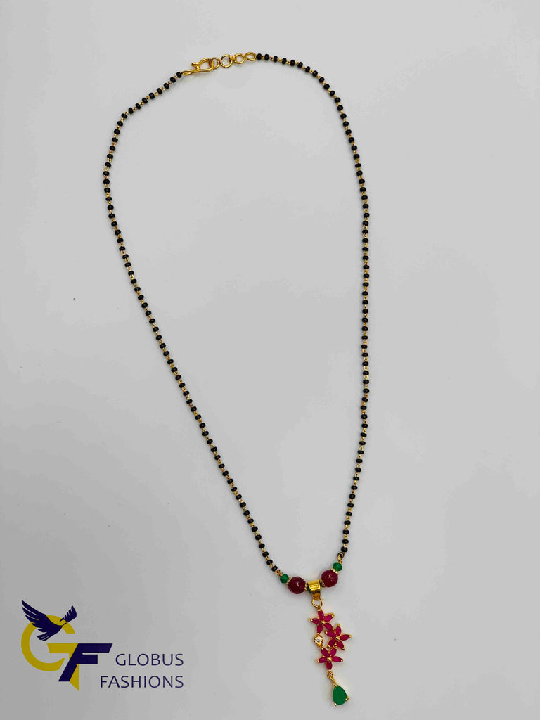 Black beads chain with ruby flower design pendant