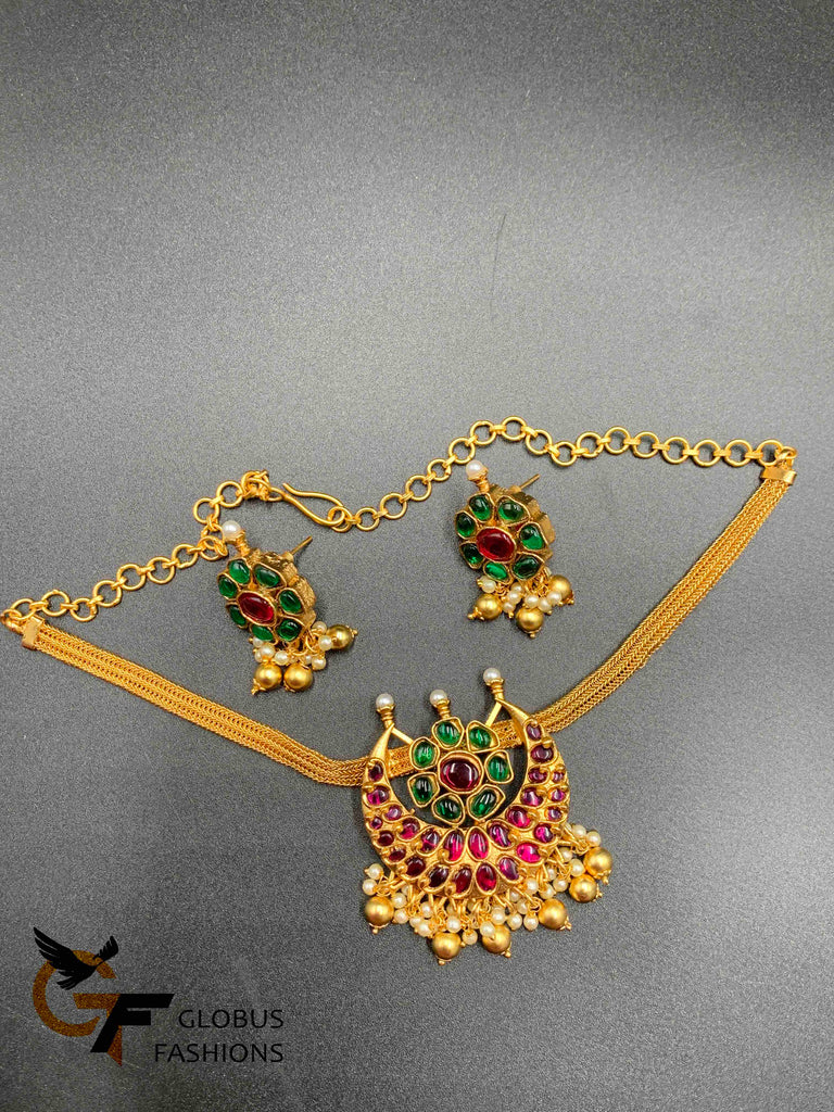 Traditional Ruby & Emerald Stones with Pearls choker necklace with matching earrings