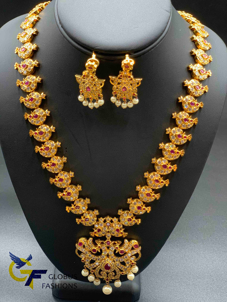 Beautiful Traditional look cz stones with ruby peacock design long necklace set