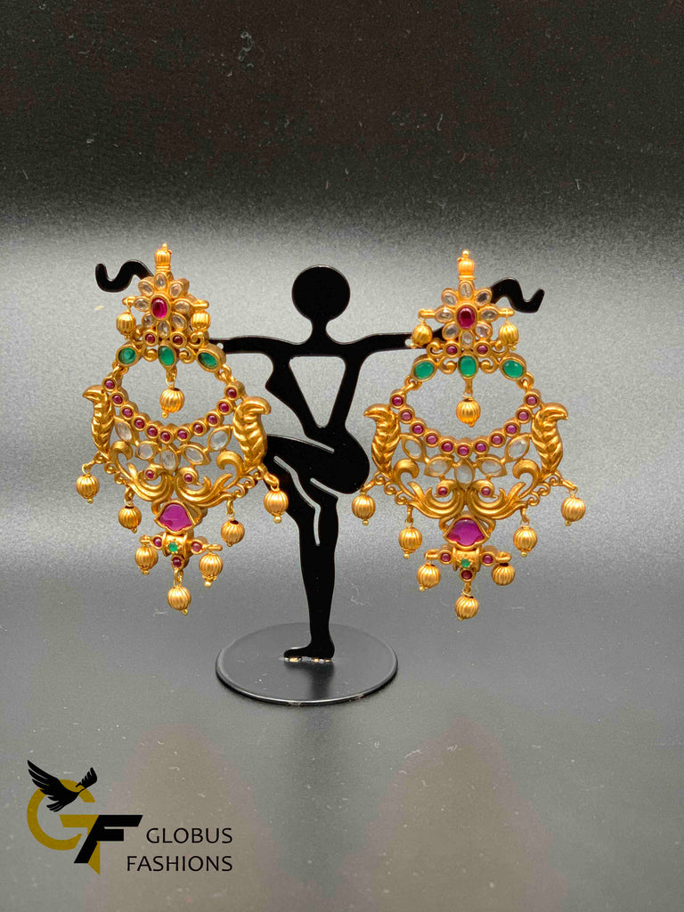 Elegant antique look multicolor stones with uncut cz stones big size chandbali earrings