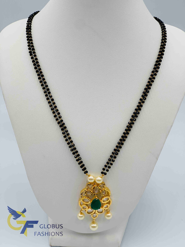 Uncut cz stones and emerald stones pendant with double line black diamond beads chain