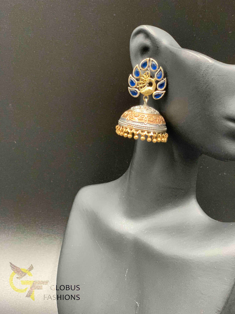 Sapphire stones Peacock design German silver jumka earrings