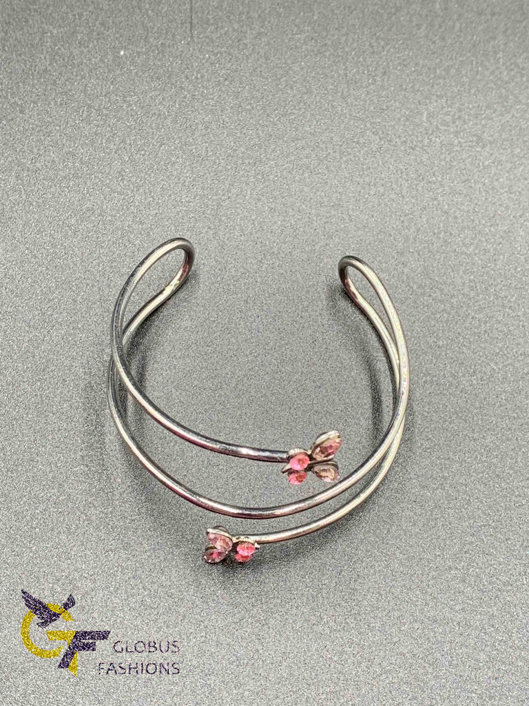 Pink Stones butterfly design silver bracelet