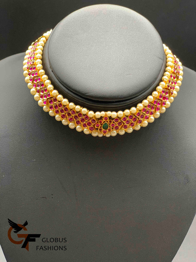 Traditional look Ruby stones with pearls short necklace