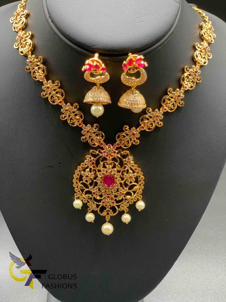 Simple flower design cz stones with ruby stones necklace set