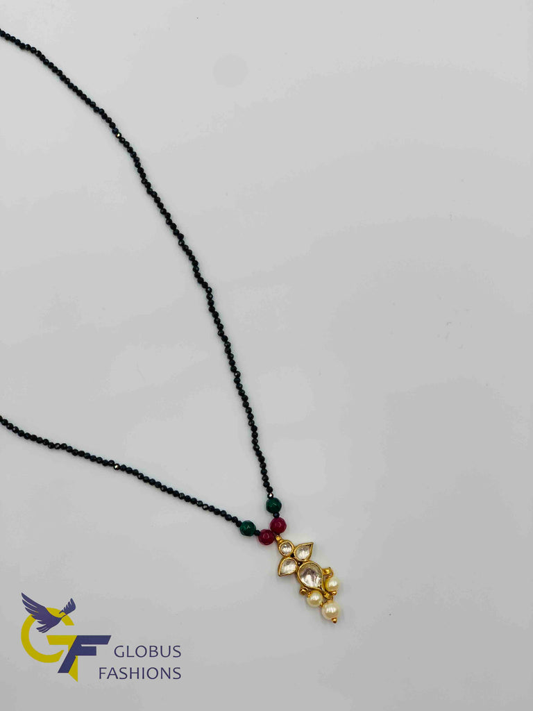 Single line black diamond beads chain with kundan stones pendant