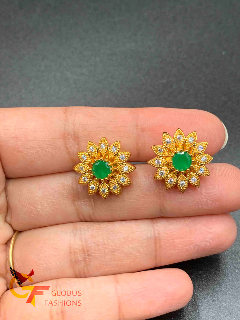 Cz stones with emerald and ruby stones flower design earrings
