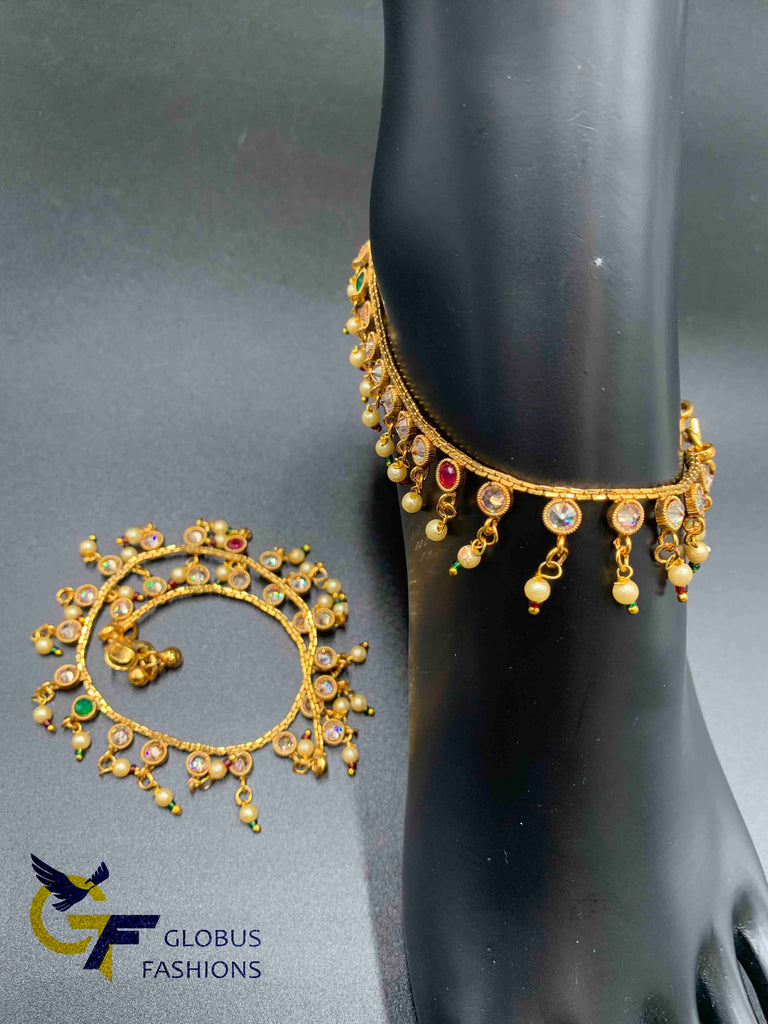 Rose gold Kundan stones with multicolor stones and pearls anklets