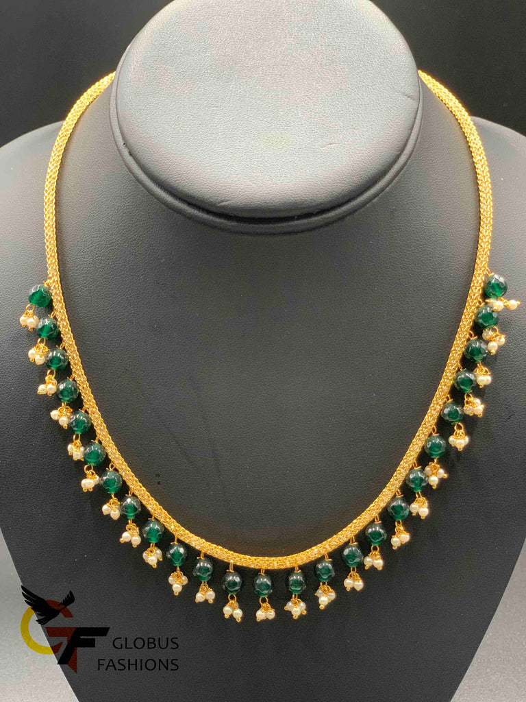 Thick cz stones mesh chain with pearls and green stones