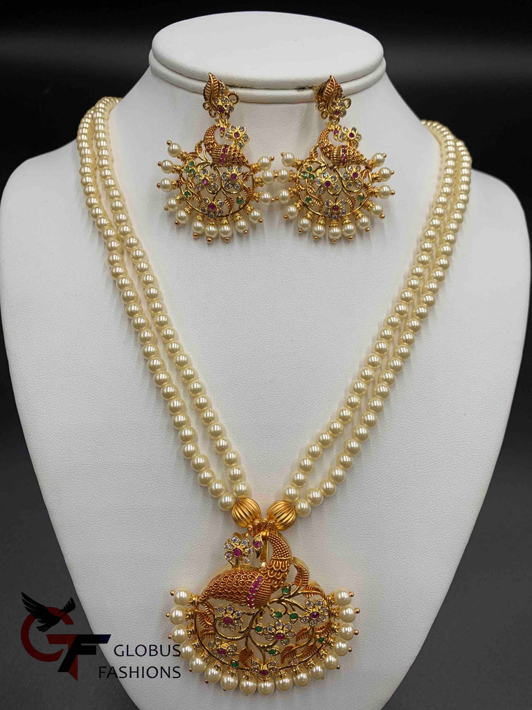 Multicolor stones with pearls peacock design pendant with pearls chain