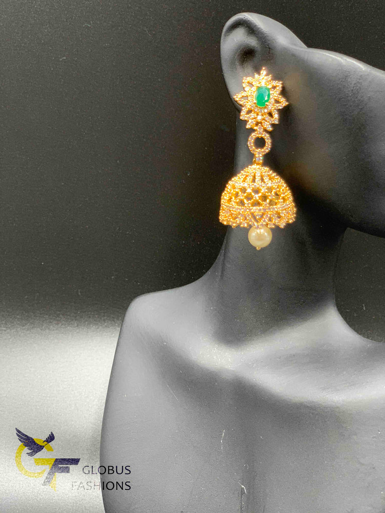 Cz stones and emerald stones with pearls hanging jumka earrings