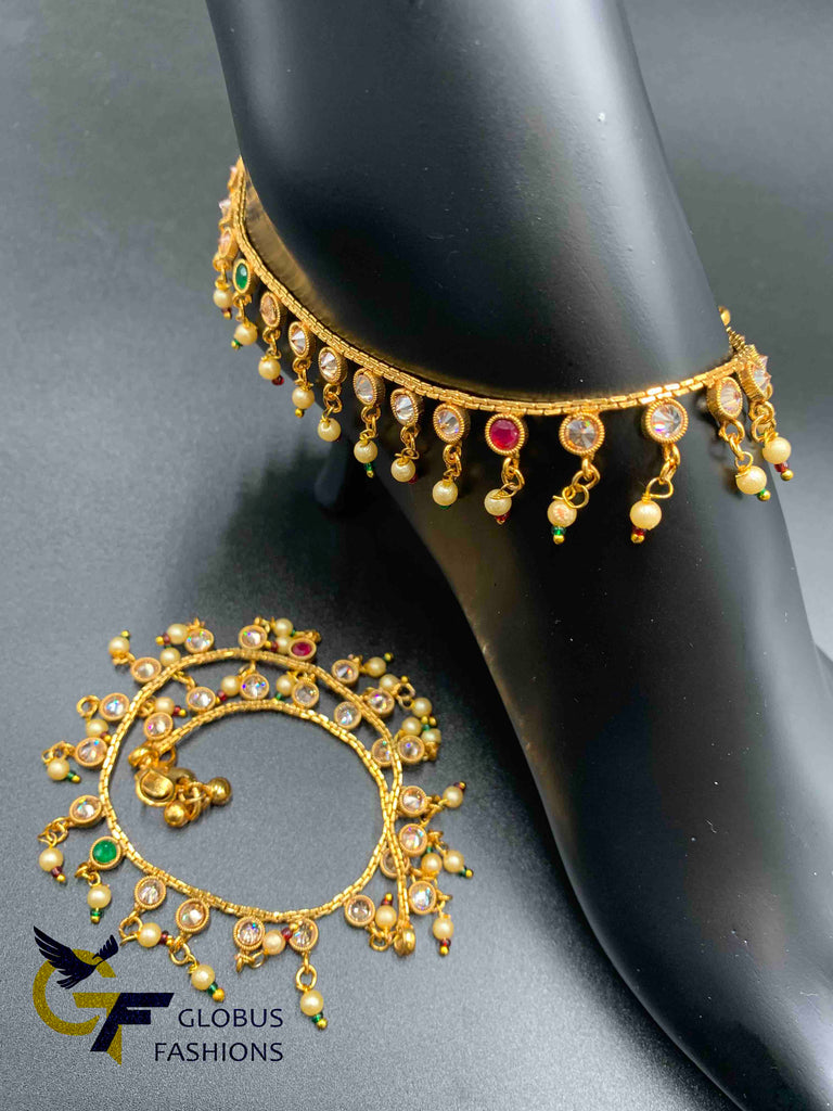 Rose gold Kundan stones with multicolor stones and pearls anklets