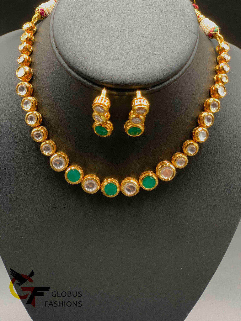 Kundan stones with emerald stones single line necklace