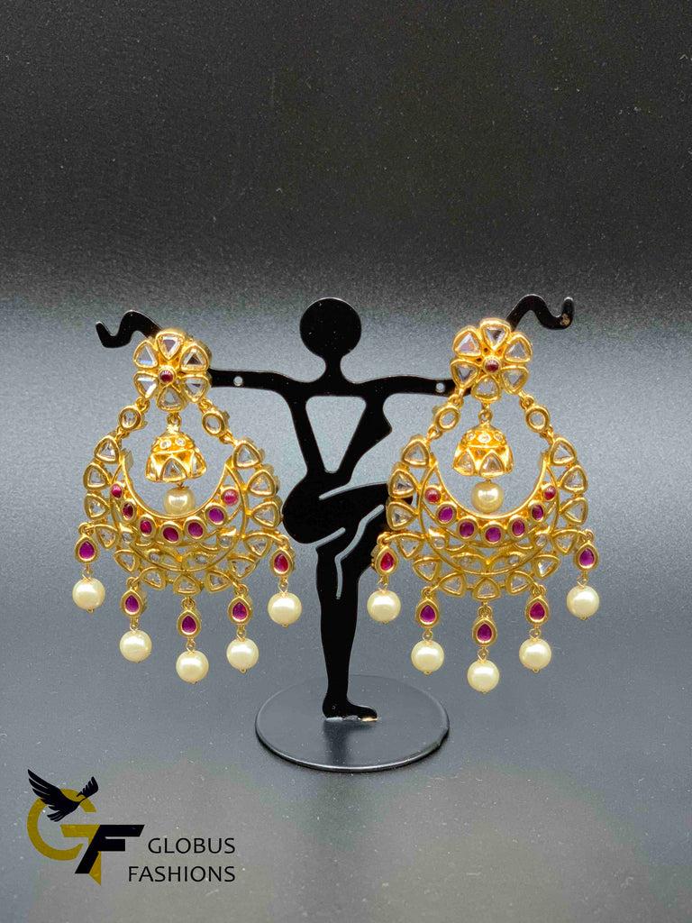 Uncut cz stones and ruby stones with pearls chandbali earrings