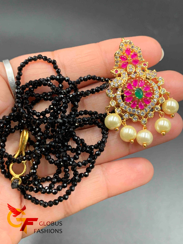 Multicolor stones peacock design pendant with double line black Diamond beads chain