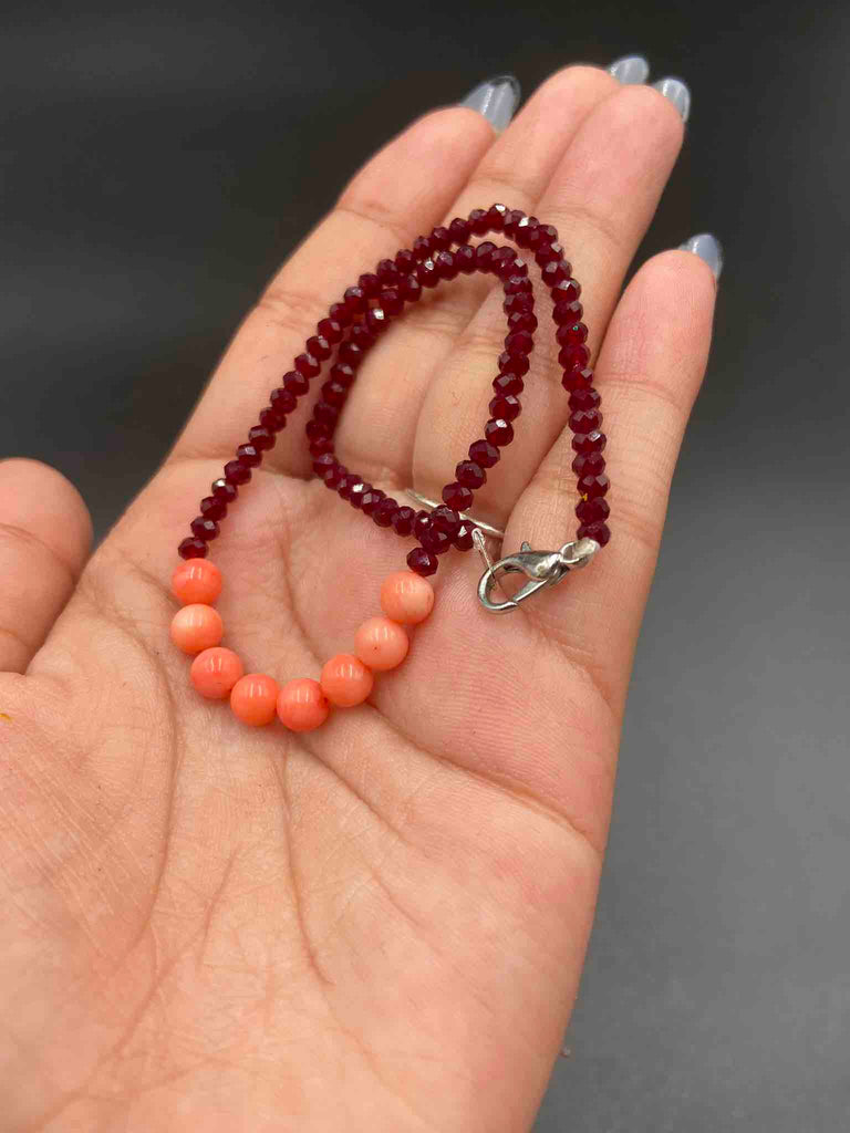 Maroon crystal beads with pink coral  beads single anklet