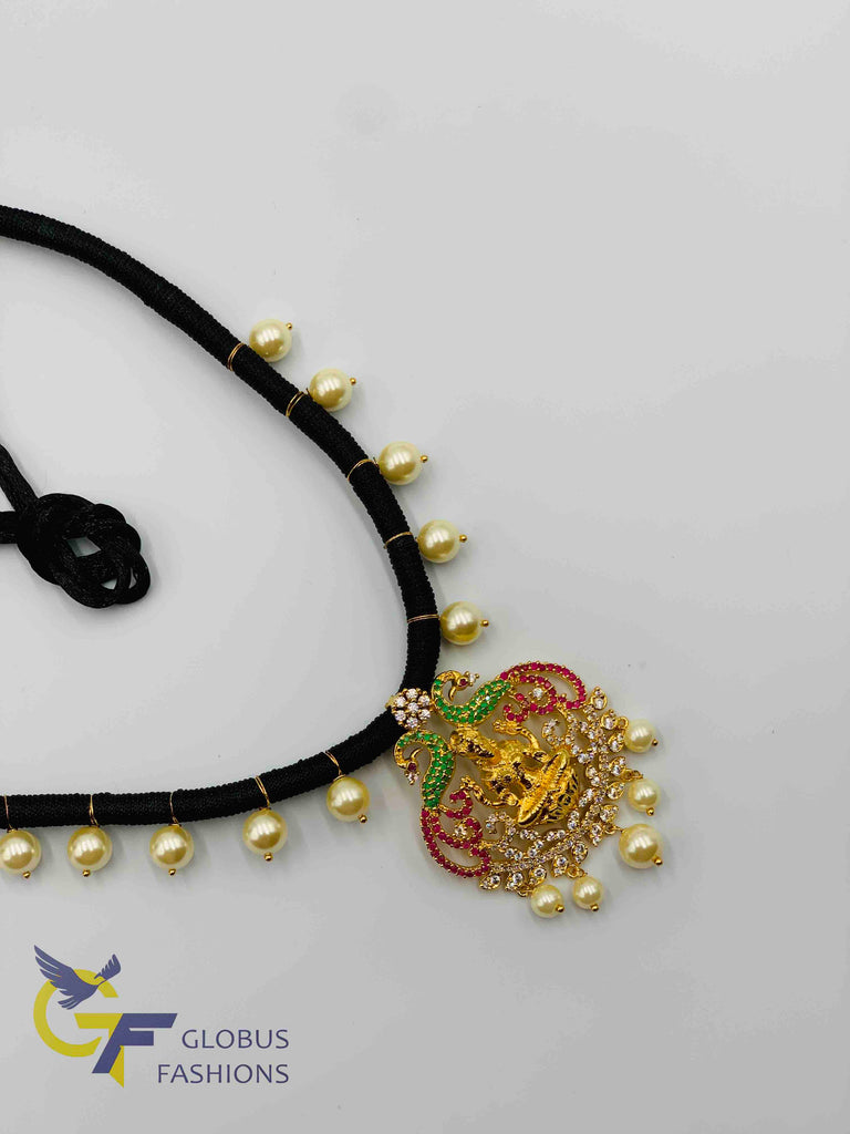 Traditional lakshmi print and multicolor stones pendant with black thread chain