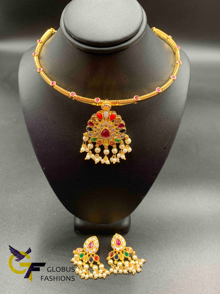 Unique style Kante with navarathna Stones pendant and matching earrings