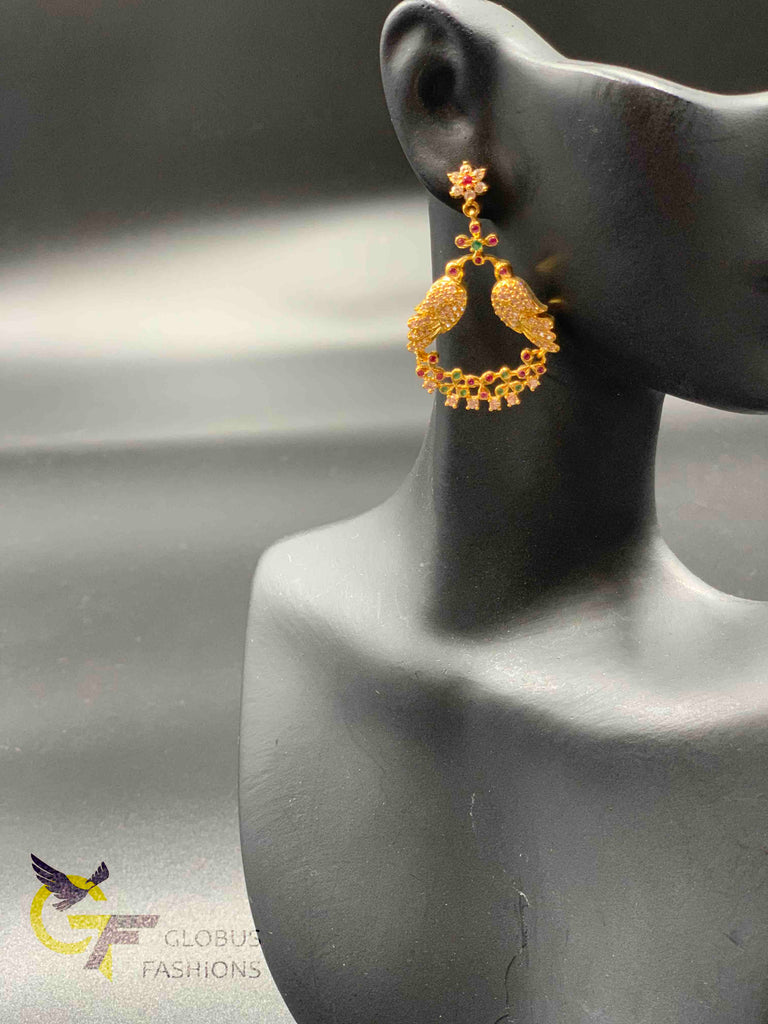 Cz stones and ruby stones birds design chandbali earrings