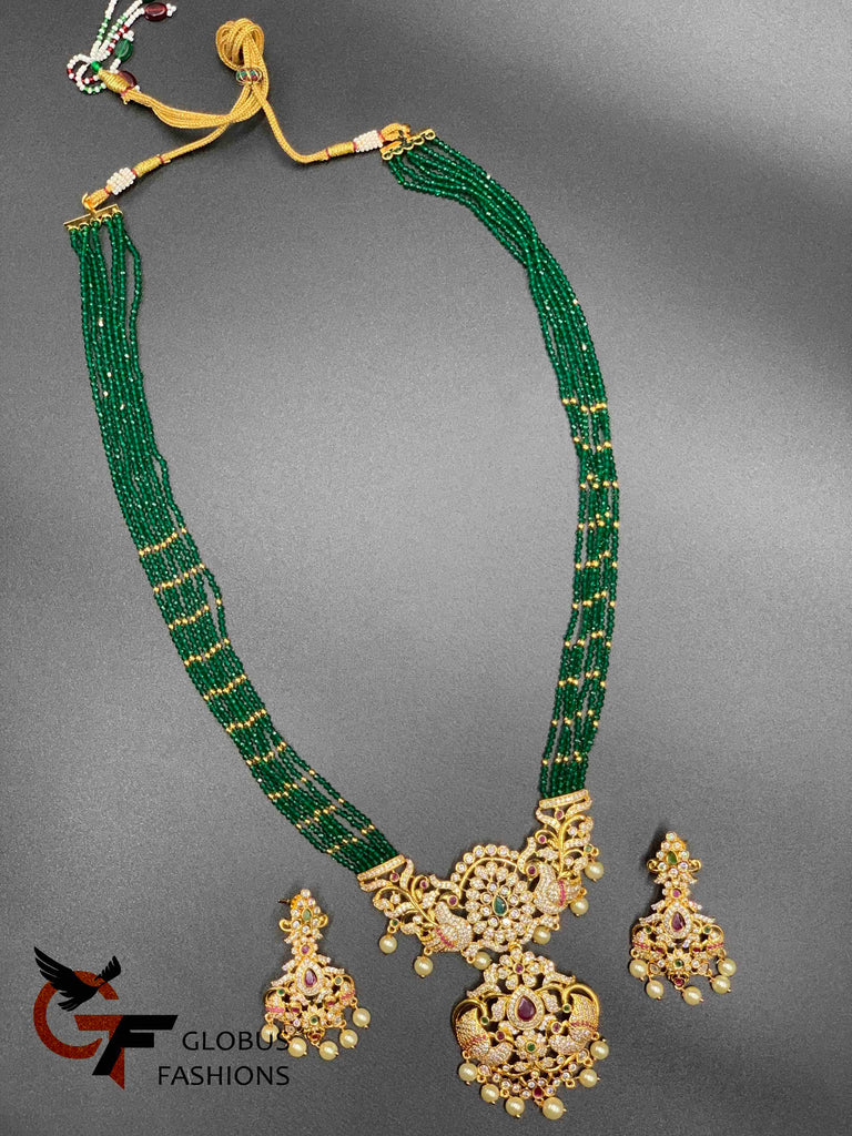 Green color beads chain with peacock design multicolor stones pendant with matching earrings