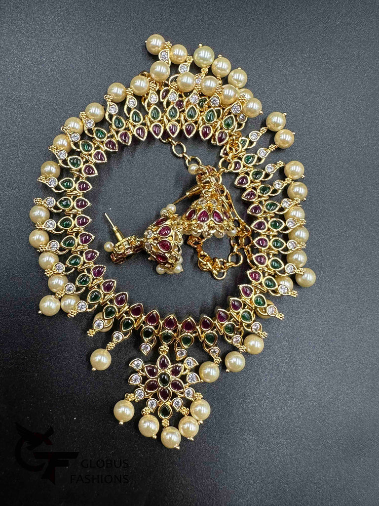 Pearls and multicolor stones with matching jumka earrings