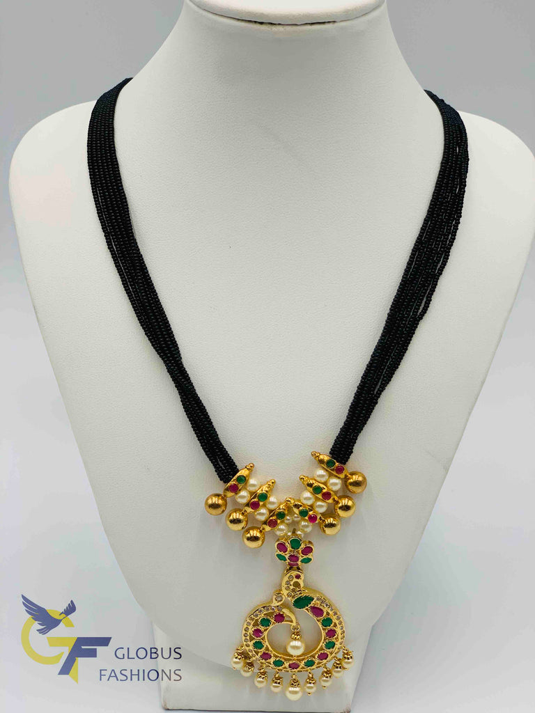 Bunch of small black beads chains with multicolor stones peacock design pendant