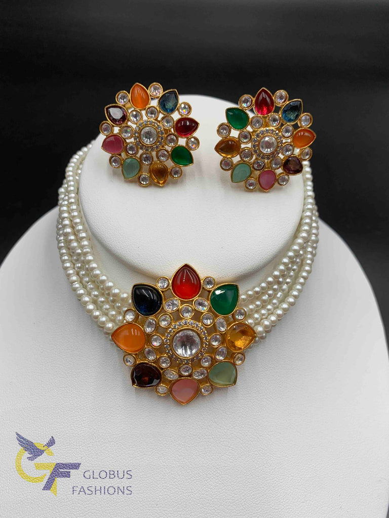 Pearls with navarathna Stones pendant with earrings chocker set